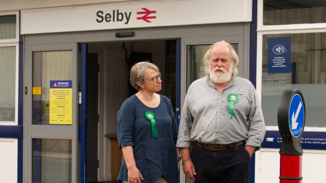 2023 By-Election Parliamentary Candidate Arnold Warneken discussing the unacceptable proposed closure of Selby Station’s Ticket Office outside the station entrance with Baroness Natalie Bennett, Green Party member of the House of Lords